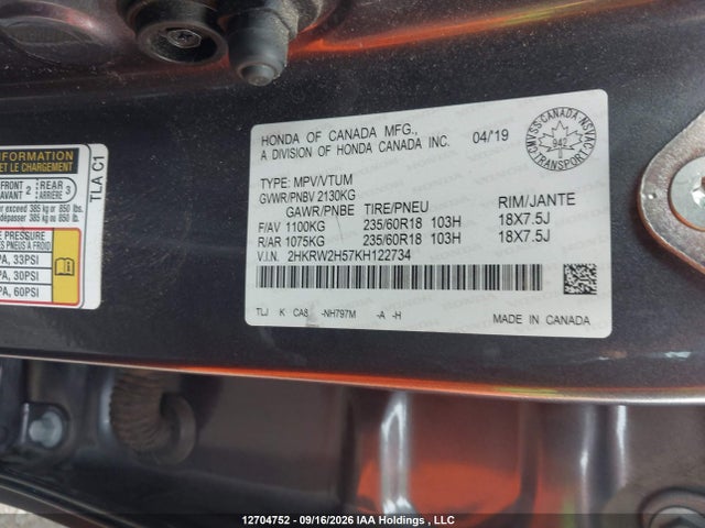 Aukcja sprzedaży 2019 Honda Cr-v Ex, vin: 2HKRW2H57KH122734, numer aukcji: 12704752