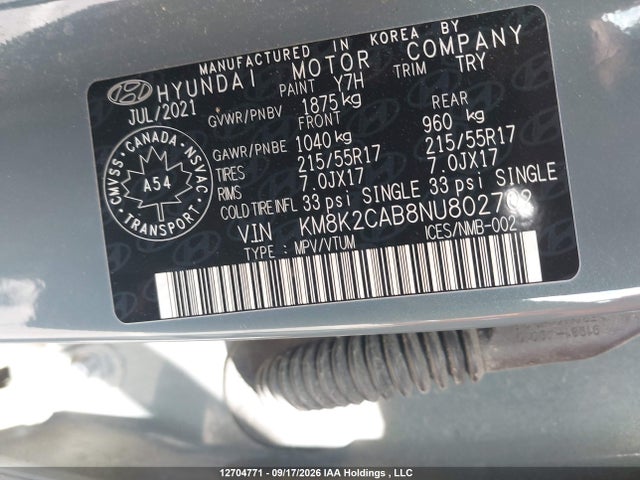 12704771 :رقم المزاد ، KM8K2CAB8NU802702 vin ، 2022 Hyundai Kona Sel/se مزاد بيع