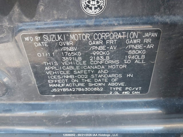 Aukcja sprzedaży 2011 Suzuki Sx4 Jx, vin: JS2YB5A27B6300862, numer aukcji: 12686052