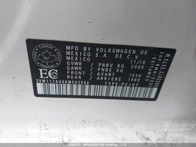 12690333 :رقم المزاد ، 3VW117AU6KM502584 vin ، 2019 Volkswagen Golf Sportwagen 1.8 Tsi Comfortline/1.8 Tsi Highline مزاد بيع