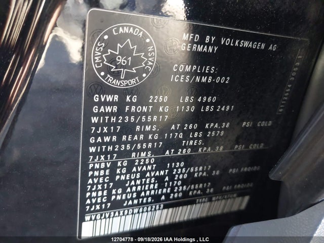 2013 Volkswagen Tiguan S/se/sel მანქანა იყიდება აუქციონზე, vin: WVGJV3AX9DW606253, აუქციონის ნომერი: 12704778