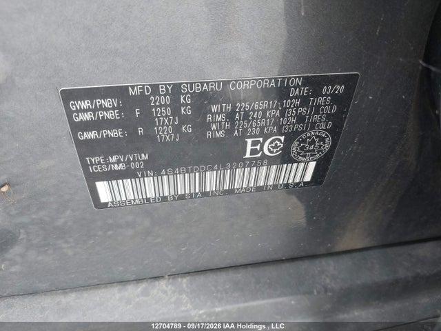 12704789 :رقم المزاد ، 4S4BTDDC4L3207758 vin ، 2020 Subaru Outback Touring مزاد بيع