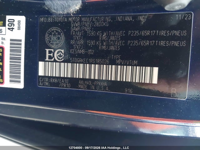 2024 Toyota Sienna მანქანა იყიდება აუქციონზე, vin: 5TDGRKEC1RS185026, აუქციონის ნომერი: 12704800