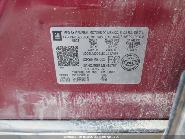 12704805 :رقم المزاد ، 3GNCJRSB1JL410797 vin ، 2018 Chevrolet Trax Premier مزاد بيع