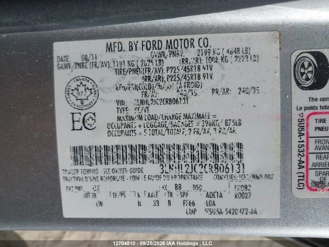 12704810 :رقم المزاد ، 3LNHL2JC2CR806131 vin ، 2012 Lincoln Mkz مزاد بيع