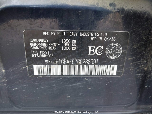12704817 :رقم المزاد ، JF1GPAF67GG288991 vin ، 2016 Subaru Impreza Premium Plus مزاد بيع