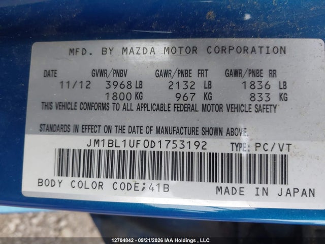 Продаж на аукціоні авто 2013 Mazda 3 I, vin: JM1BL1UF0D1753192, номер лоту: 12704842