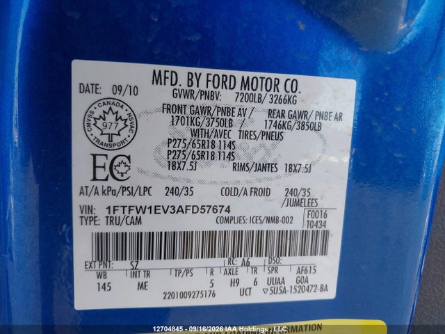 Продаж на аукціоні авто 2010 Ford F-150 Fx4/harley-davidson/lariat/xlt, vin: 1FTFW1EV3AFD57674, номер лоту: 12704845