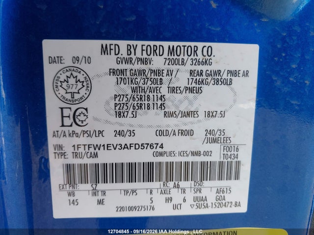 Продаж на аукціоні авто 2010 Ford F-150 Fx4/harley-davidson/lariat/xlt, vin: 1FTFW1EV3AFD57674, номер лоту: 12704845