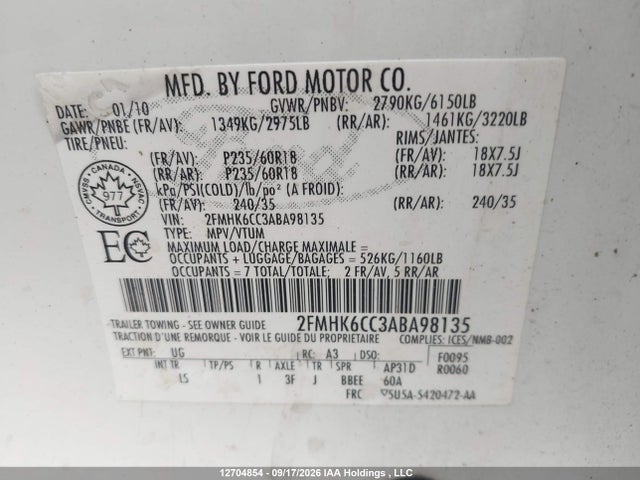 12704854 :رقم المزاد ، 2FMHK6CC3ABA98135 vin ، 2010 Ford Flex Sel مزاد بيع