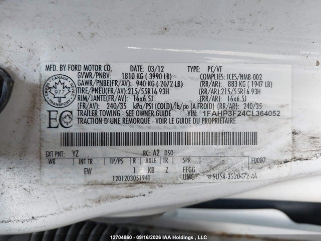 Aukcja sprzedaży 2012 Ford Focus Se, vin: 1FAHP3F24CL364052, numer aukcji: 12704860