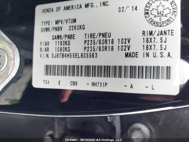 12704861 :رقم المزاد ، 5J8TB4H55EL805563 vin ، 2014 Acura Rdx مزاد بيع