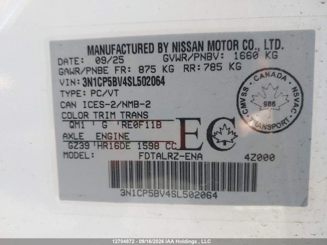 Продаж на аукціоні авто 2025 Nissan Kicks Play S Cvt, vin: 3N1CP5BV4SL502064, номер лоту: 12704872