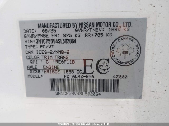 Продаж на аукціоні авто 2025 Nissan Kicks Play S Cvt, vin: 3N1CP5BV4SL502064, номер лоту: 12704872