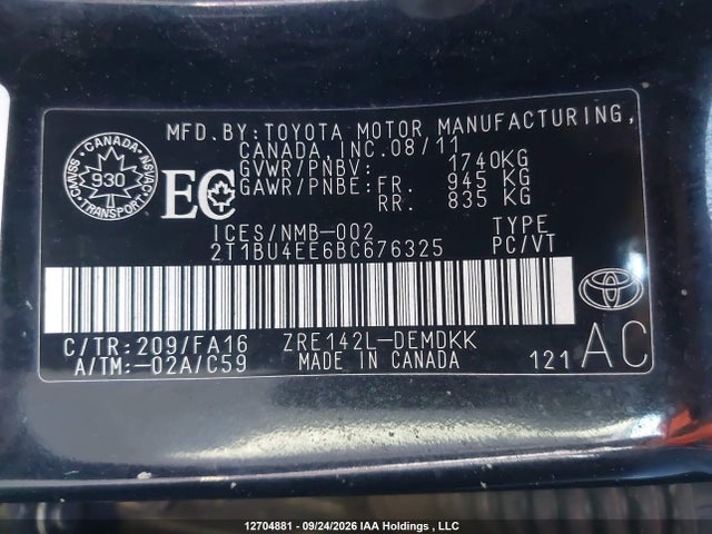 Aukcja sprzedaży 2011 Toyota Corolla Ce, vin: 2T1BU4EE6BC676325, numer aukcji: 12704881