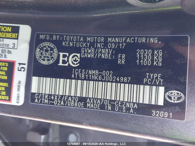 Aukcja sprzedaży 2018 Toyota Camry L/le/xle/se/xse, vin: 4T1B11HK6JU024987, numer aukcji: 12704887