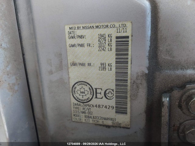 Aukcja sprzedaży 2012 Nissan Altima S, vin: 1N4AL2AP6CN487429, numer aukcji: 12704889