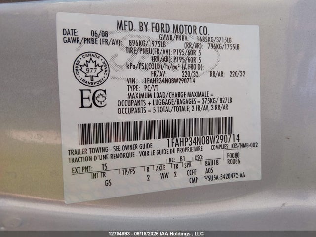 12704893 :رقم المزاد ، 1FAHP34N08W290714 vin ، 2008 Ford Focus S/se مزاد بيع