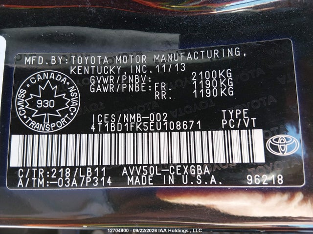 2014 Toyota Camry Hybrid Xle მანქანა იყიდება აუქციონზე, vin: 4T1BD1FK5EU108671, აუქციონის ნომერი: 12704900