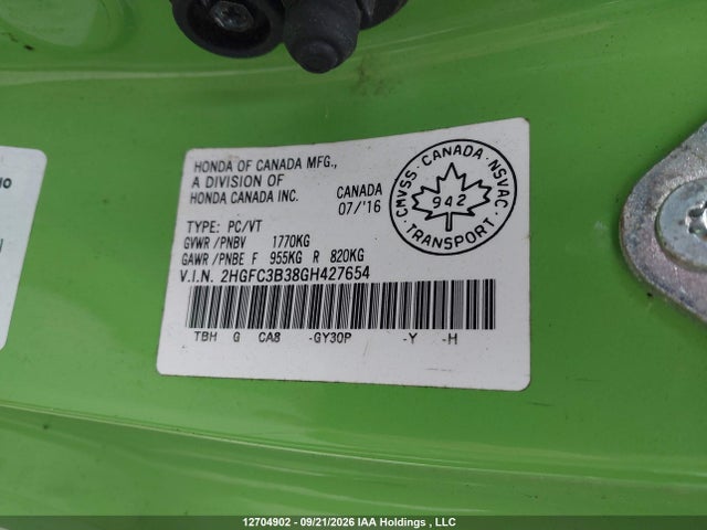 12704902 :رقم المزاد ، 2HGFC3B38GH427654 vin ، 2016 Honda Civic Ex مزاد بيع