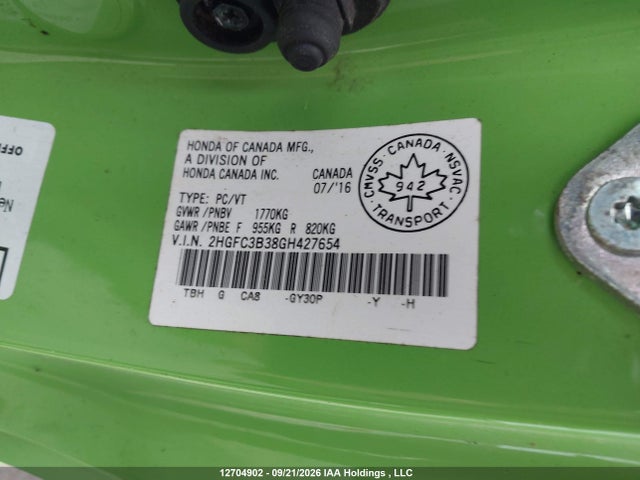 12704902 :رقم المزاد ، 2HGFC3B38GH427654 vin ، 2016 Honda Civic Ex مزاد بيع
