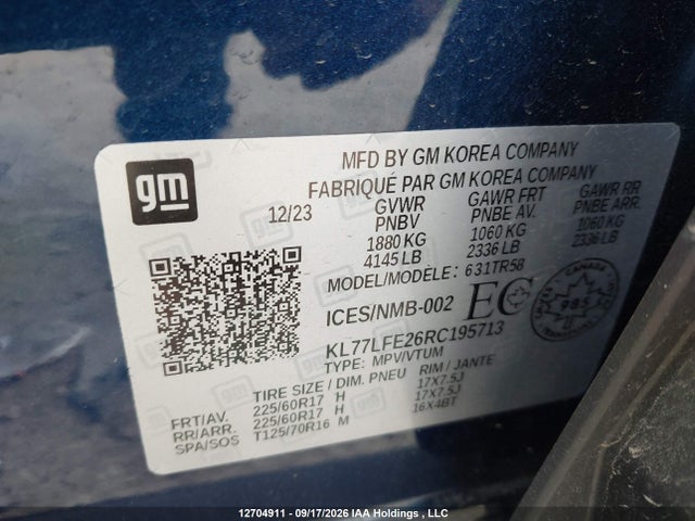 12704911 :رقم المزاد ، KL77LFE26RC195713 vin ، 2024 Chevrolet Trax Ls مزاد بيع