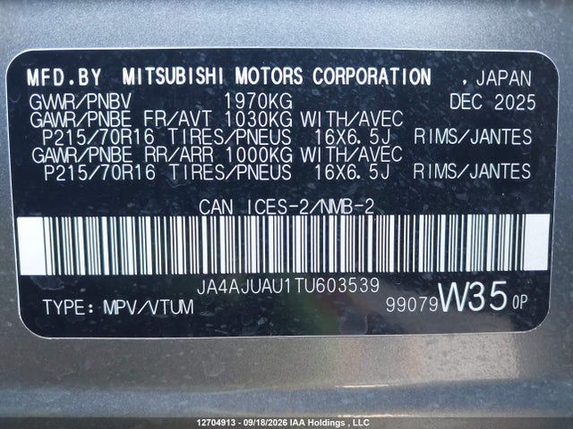 2026 Mitsubishi Rvr Es მანქანა იყიდება აუქციონზე, vin: JA4AJUAU1TU603539, აუქციონის ნომერი: 12704913