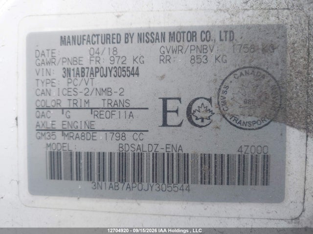 Aukcja sprzedaży 2018 Nissan Sentra, vin: 3N1AB7AP0JY305544, numer aukcji: 12704920