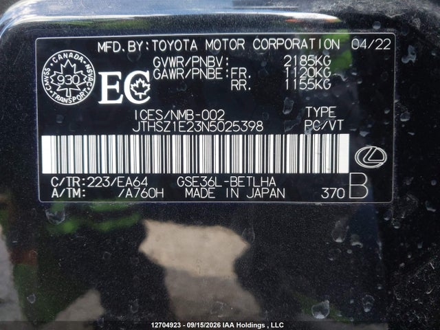 12704923 :رقم المزاد ، JTHSZ1E23N5025398 vin ، 2022 Lexus Is 350 مزاد بيع