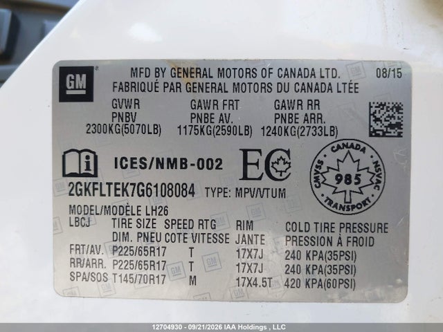 Продажа на аукционе авто 2016 Gmc Terrain Sle, vin: 2GKFLTEK7G6108084, номер лота: 12704930