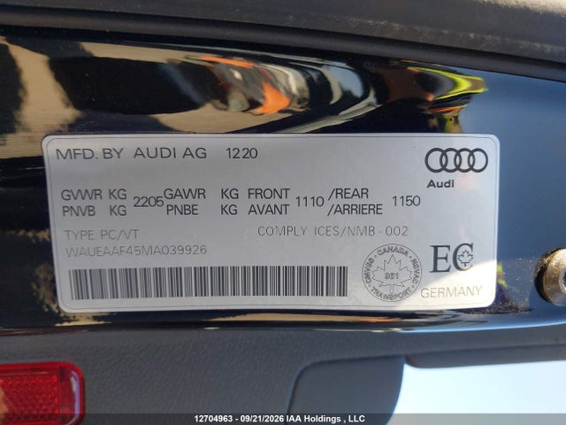 Продаж на аукціоні авто 2021 Audi A4 Premium Plus 45, vin: WAUEAAF45MA039926, номер лоту: 12704963