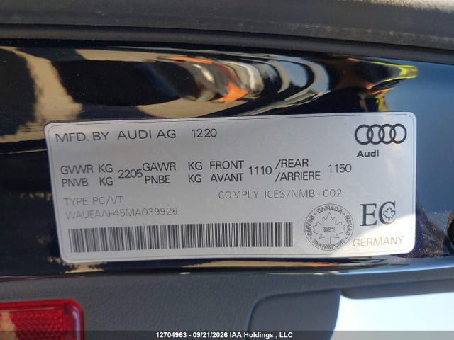 Продаж на аукціоні авто 2021 Audi A4 Premium Plus 45, vin: WAUEAAF45MA039926, номер лоту: 12704963