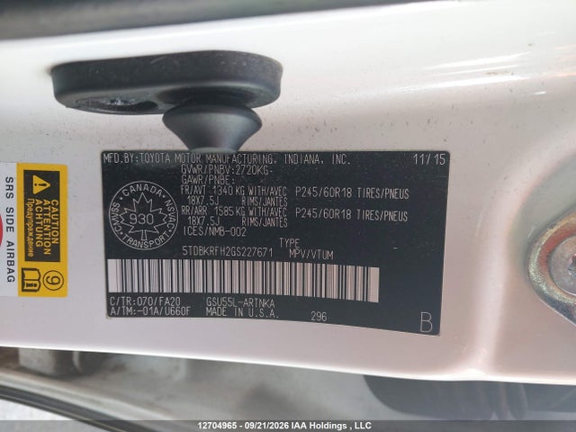 12704965 :رقم المزاد ، 5TDBKRFH2GS227671 vin ، 2016 Toyota Highlander Le مزاد بيع