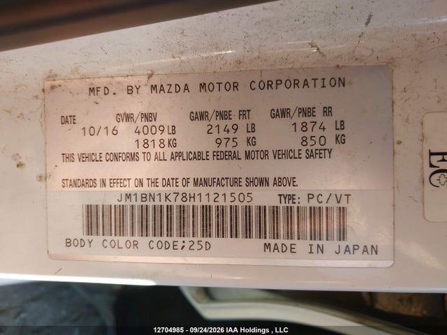 12704985 :رقم المزاد ، JM1BN1K78H1121505 vin ، 2017 Mazda Mazda3 Gx مزاد بيع