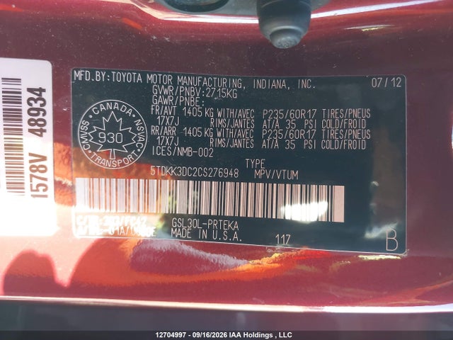 12704997 :رقم المزاد ، 5TDKK3DC2CS276948 vin ، 2012 Toyota Sienna Le مزاد بيع