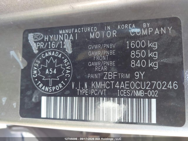 2012 Hyundai Accent Gl მანქანა იყიდება აუქციონზე, vin: KMHCT4AE0CU270246, აუქციონის ნომერი: 12705006