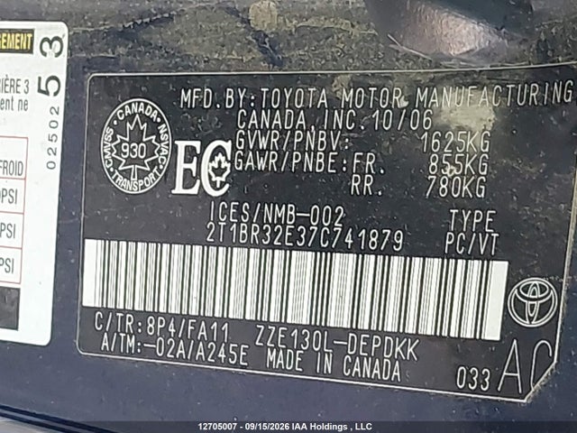 Продажа на аукционе авто 2007 Toyota Corolla Ce/le/sport, vin: 2T1BR32E37C741879, номер лота: 12705007