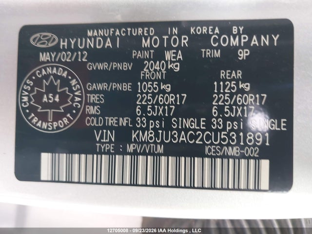 Продаж на аукціоні авто 2012 Hyundai Tucson Gls/limited, vin: KM8JU3AC2CU531891, номер лоту: 12705008