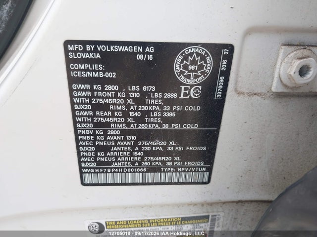 12705018 :رقم المزاد ، WVGHF7BP4HD001866 vin ، 2017 Volkswagen Touareg مزاد بيع