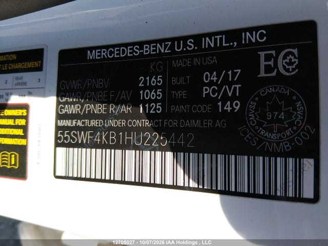 Продажа на аукционе авто 2017 Mercedes-benz C 300 4matic, vin: 55SWF4KB1HU225442, номер лота: 12705027