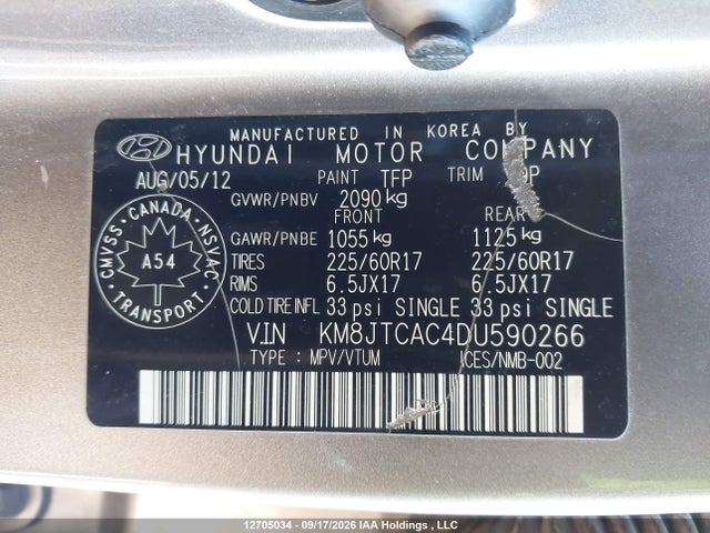 Продажа на аукционе авто 2013 Hyundai Tucson Gl, vin: KM8JTCAC4DU590266, номер лота: 12705034