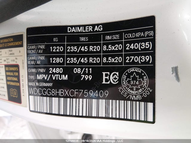Aukcja sprzedaży 2012 Mercedes-benz Glk 350 4matic, vin: WDCGG8HBXCF759409, numer aukcji: 12705035