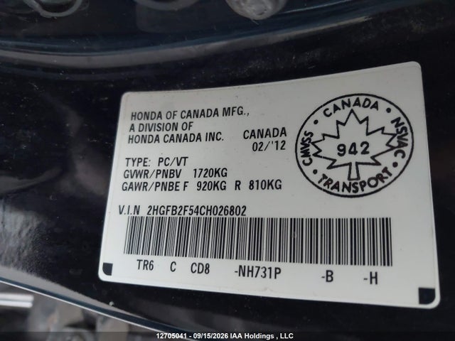 Aukcja sprzedaży 2012 Honda Civic Lx, vin: 2HGFB2F54CH026802, numer aukcji: 12705041