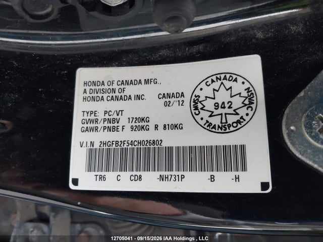 Aukcja sprzedaży 2012 Honda Civic Lx, vin: 2HGFB2F54CH026802, numer aukcji: 12705041