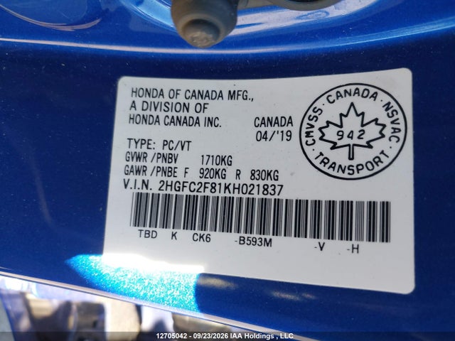 Aukcja sprzedaży 2019 Honda Civic Sport, vin: 2HGFC2F81KH021837, numer aukcji: 12705042