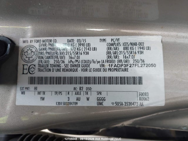 Ford FOCUS SE 2015 1FADP3F27FL272050 Image 9