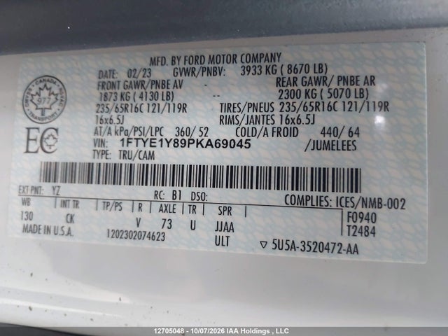Продаж на аукціоні авто 2023 Ford Transit-150 Cargo, vin: 1FTYE1Y89PKA69045, номер лоту: 12705048