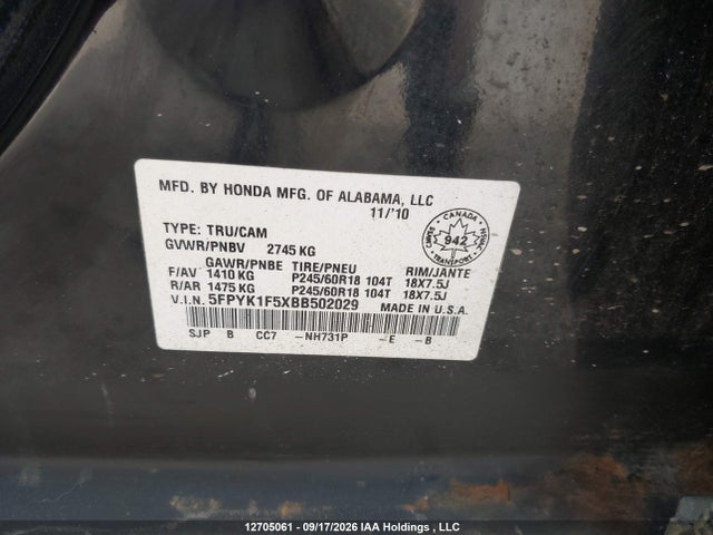 2011 Honda Ridgeline Rtl მანქანა იყიდება აუქციონზე, vin: 5FPYK1F5XBB502029, აუქციონის ნომერი: 12705061