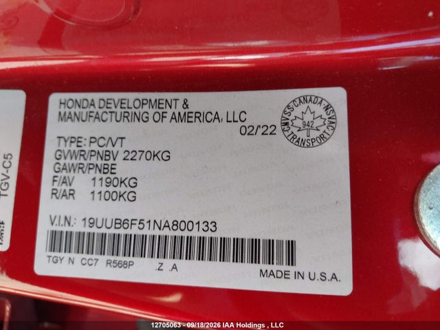 Aukcja sprzedaży 2022 Acura Tlx A-spec, vin: 19UUB6F51NA800133, numer aukcji: 12705063