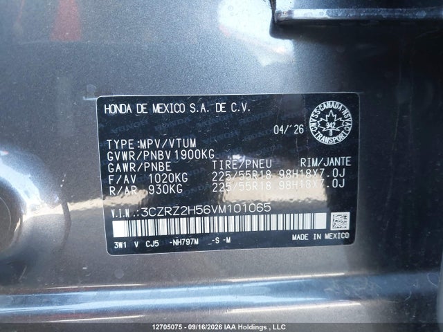 12705075 :رقم المزاد ، 3CZRZ2H56VM101065 vin ، 2027 Honda Hr-v Sport مزاد بيع